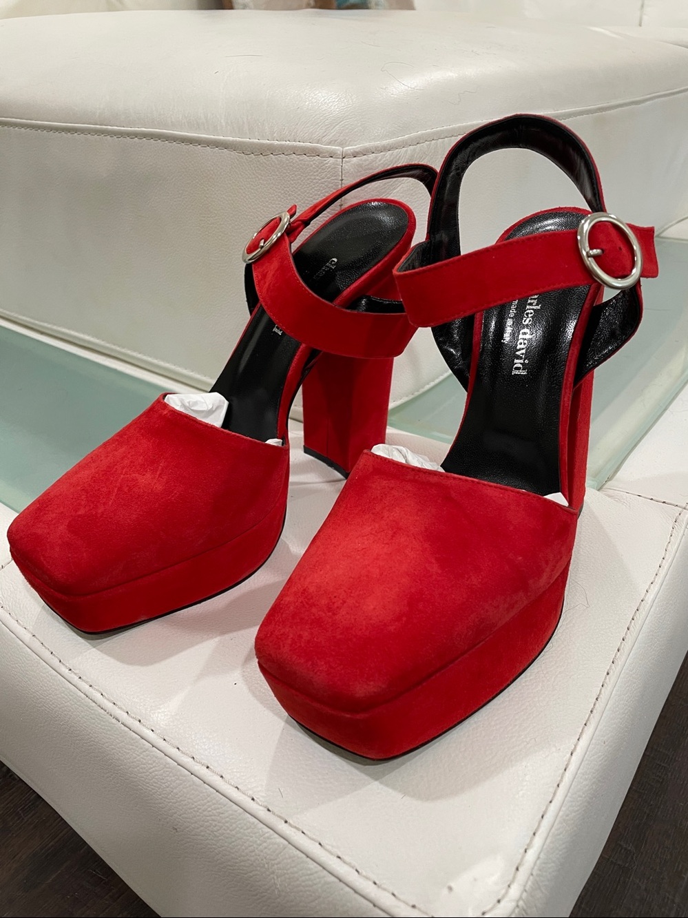 NWT Charles David red suede leather square toe buckle chunky heel platform 7/7.5
